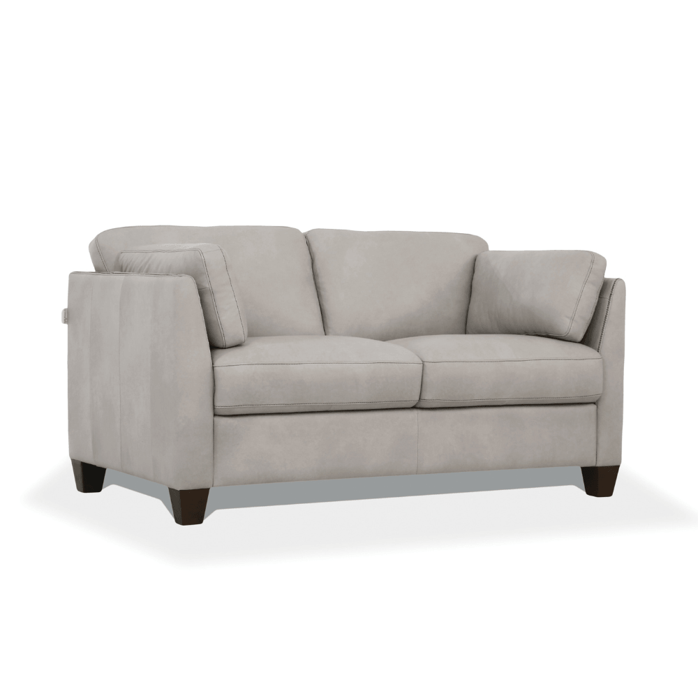 Matias Dusty Gray Italian Leather Sofa Loveseat 59" featuring sloped armrests and dark walnut legs.