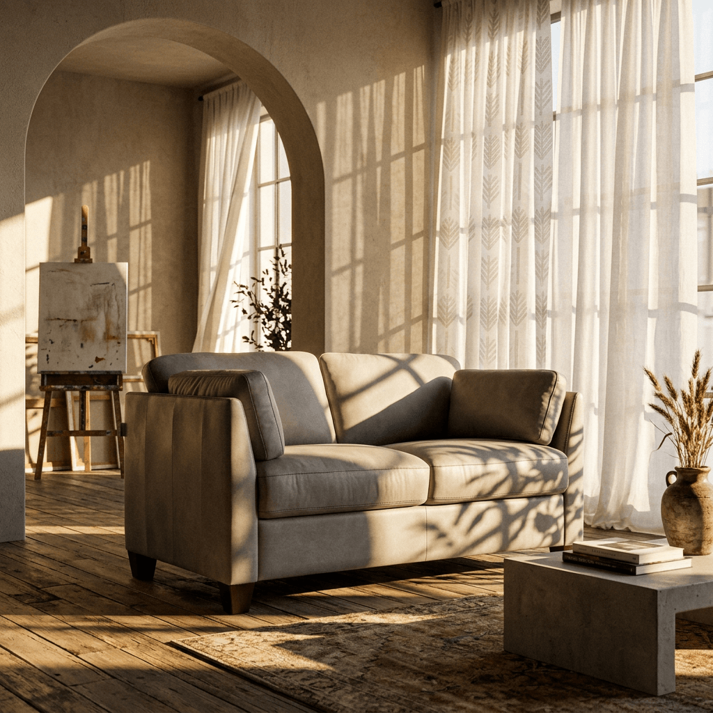 Matias Dusty Gray Italian Leather Sofa Loveseat 59" in a sunlit living space with elegant decor.