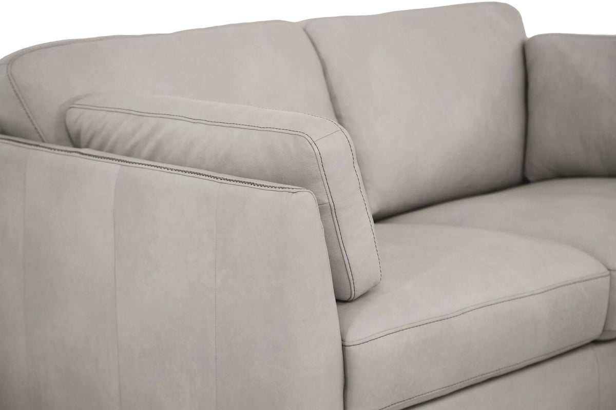 Matias Dusty Gray Italian Leather Sofa Loveseat 59" close-up of plush cushions and sloped armrests.
