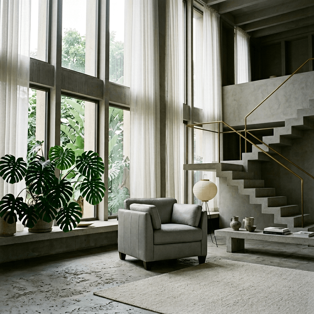 Matias Gray Premium Italian Leather Armchair in a stylish modern living room with large windows.