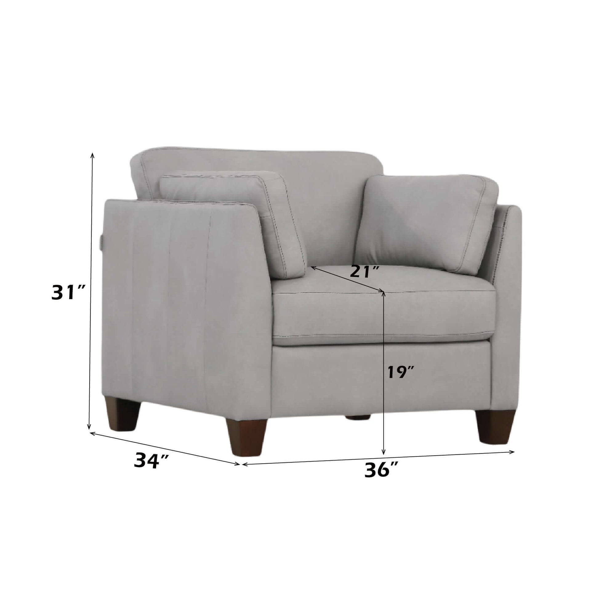 Image of Matias Gray Premium Italian Leather Armchair with dimensions 31" H x 34" W x 36" D showcasing modern design.