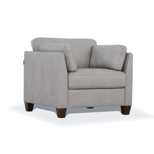Matias Gray Premium Italian Leather Armchair in soft dusty white finish with dark walnut block legs.