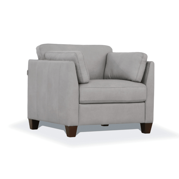 Matias Gray Premium Italian Leather Armchair in soft dusty white finish with dark walnut block legs.