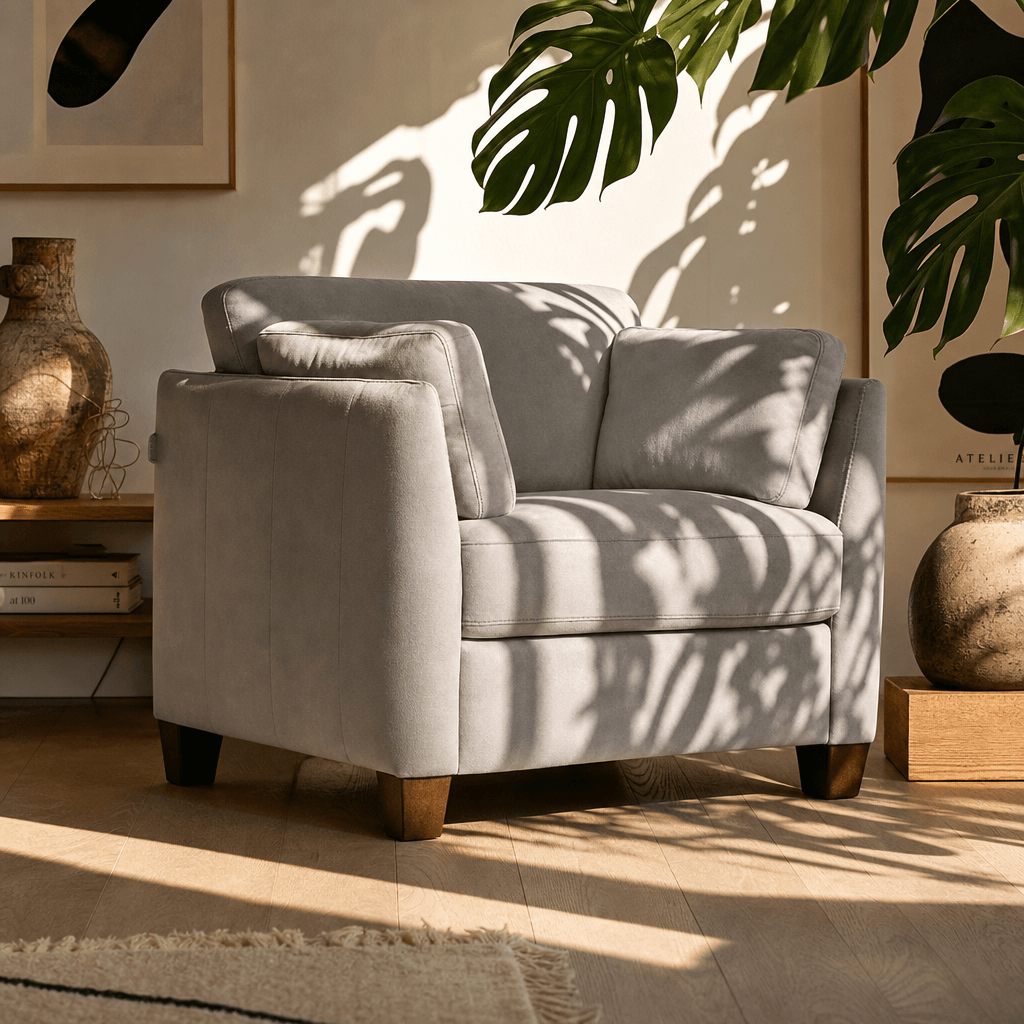 Matias Gray Premium Italian Leather Armchair in a stylish living room setting with natural light.