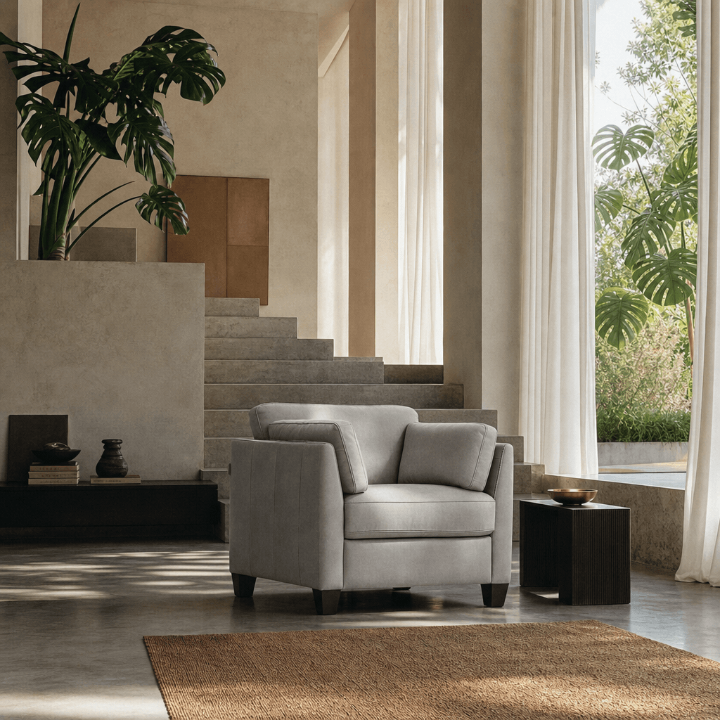 Matias Gray Premium Italian Leather Armchair in a modern living room with natural light and greenery.