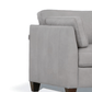 Matias Gray Premium Italian Leather Armchair side view showcasing soft dusty white leather and dark walnut legs.