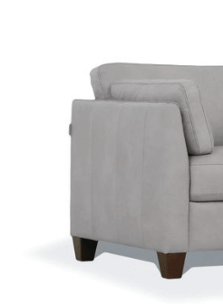 Matias Gray Premium Italian Leather Armchair side view showcasing soft dusty white leather and dark walnut legs.