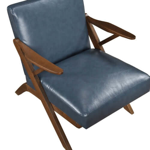 MCM Brown Faux Leather Wood Frame Armchair – Mid-Century Accent Chair (2 Colors) in blue faux leather upholstery.