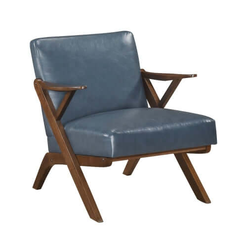 MCM Brown Faux Leather Wood Frame Armchair – Mid-Century Accent Chair (2 Colors) in blue upholstery with wooden frame.