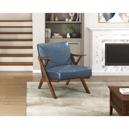 MCM Brown Faux Leather Wood Frame Armchair – Mid-Century Accent Chair (2 Colors) in blue upholstery in living room setting.