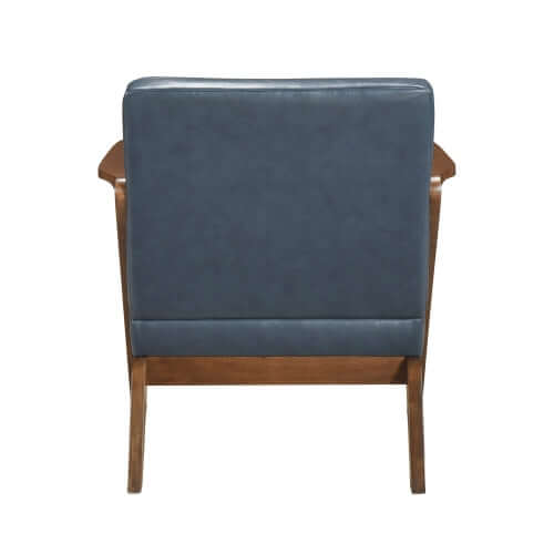 MCM Brown Faux Leather Wood Frame Armchair – Mid-Century Accent Chair (2 Colors) back view with smooth upholstery.