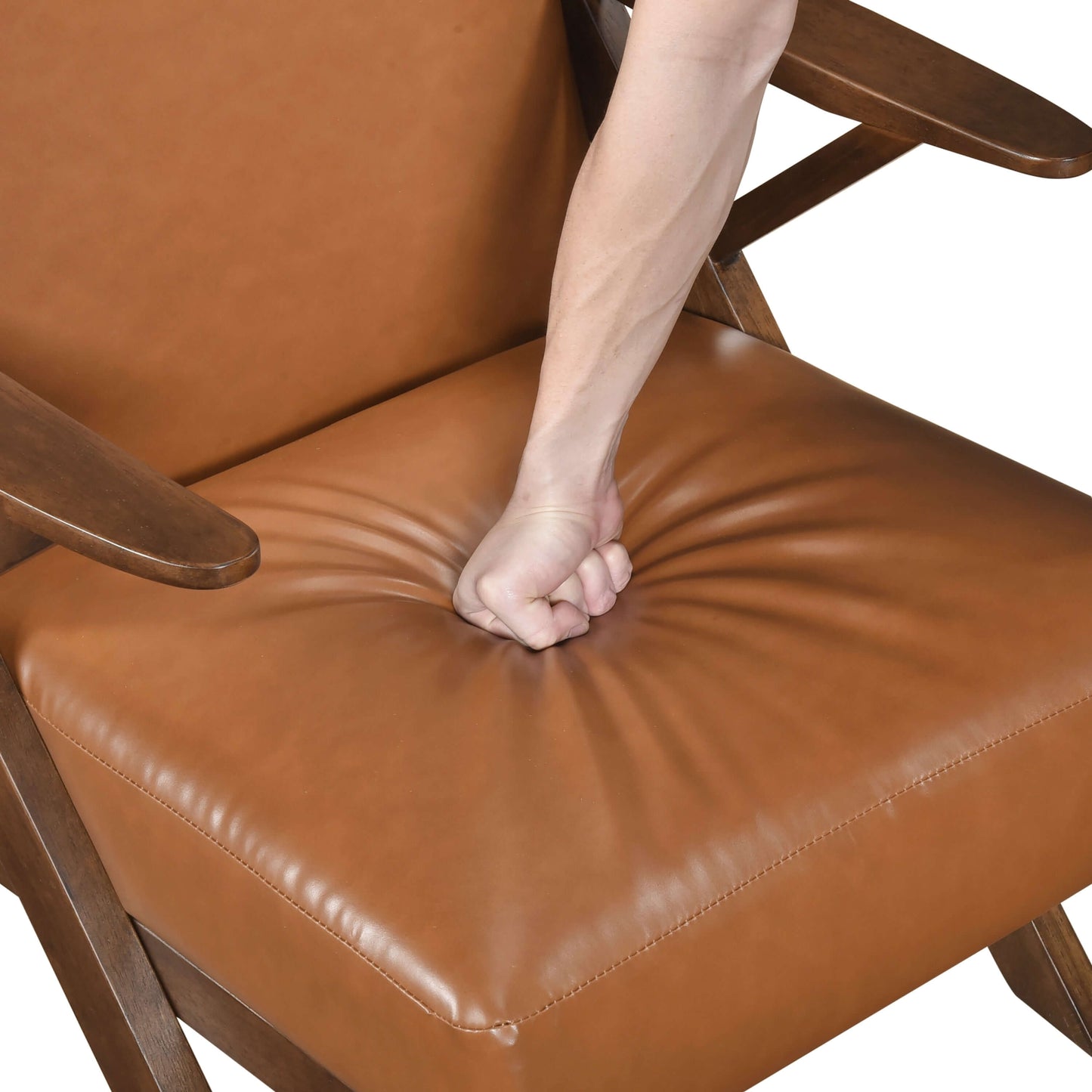 MCM Brown Faux Leather Wood Frame Armchair – Mid-Century Accent Chair (2 Colors) showing soft faux leather seat cushioning.