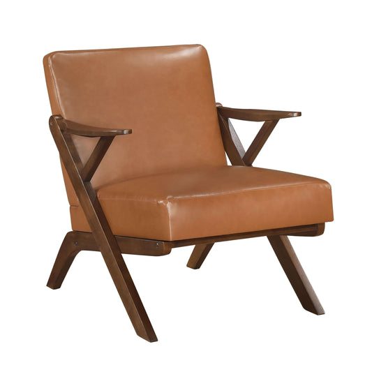MCM Brown Faux Leather Wood Frame Armchair – Mid-Century Accent Chair (2 Colors) featuring rich brown faux leather and solid wood frame.
