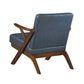 MCM Brown Faux Leather Wood Frame Armchair – Mid-Century Accent Chair (2 Colors) in blue faux leather with wooden frame