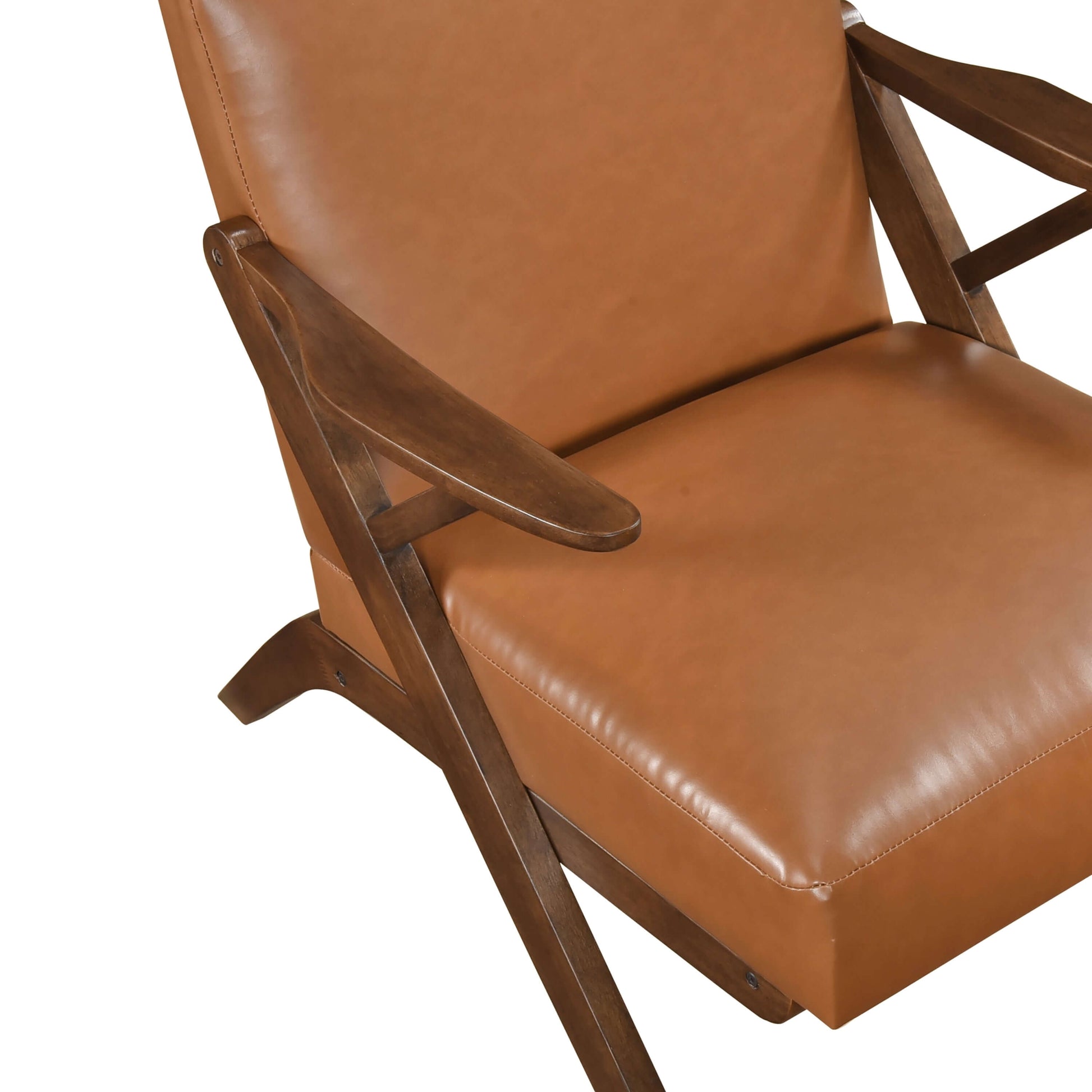 MCM Brown Faux Leather Wood Frame Armchair – Mid-Century Accent Chair (2 Colors) in rich brown color with wood frame.