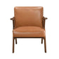 MCM Brown Faux Leather Wood Frame Armchair – Mid-Century Accent Chair (2 Colors) showcasing warm faux leather and wood frame.