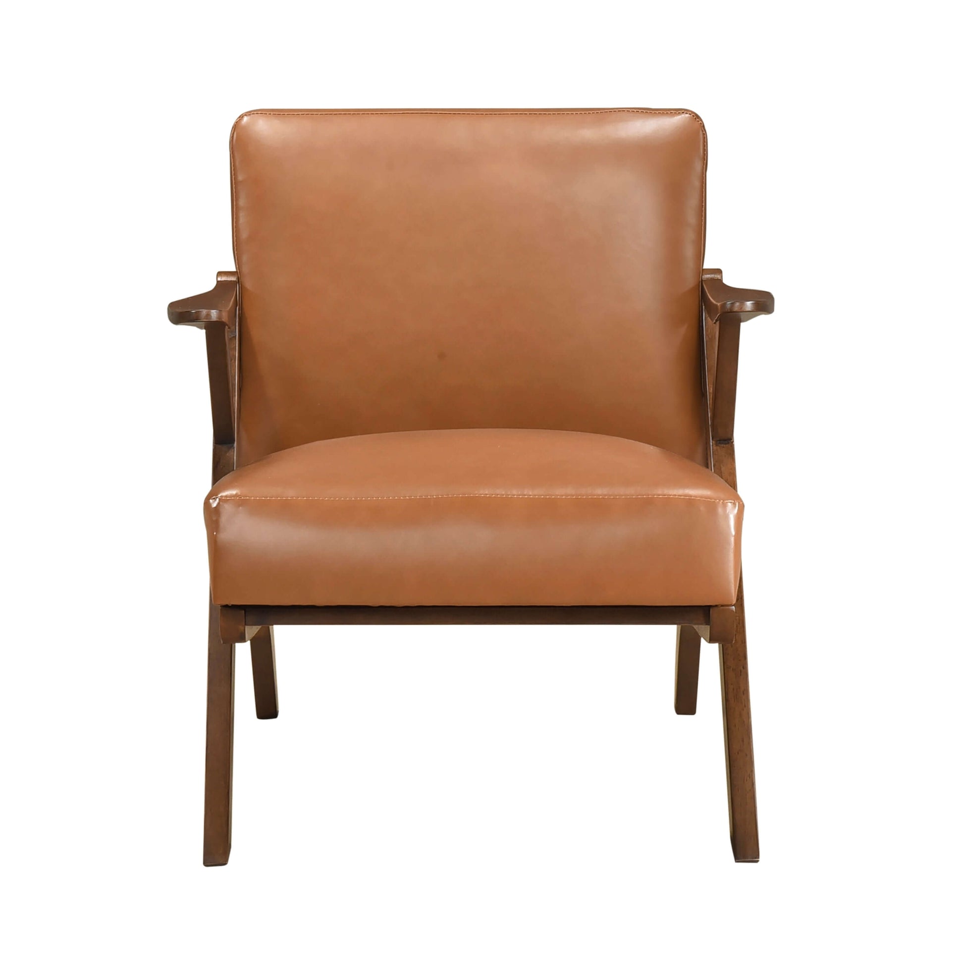 MCM Brown Faux Leather Wood Frame Armchair – Mid-Century Accent Chair (2 Colors) showcasing warm faux leather and wood frame.