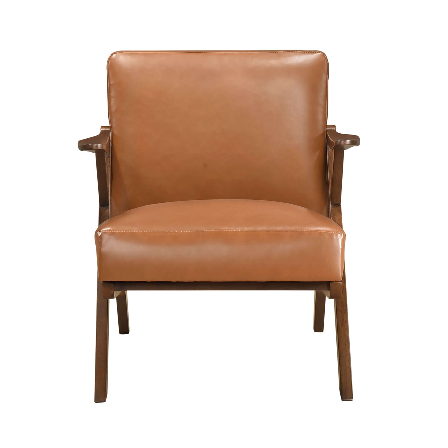 MCM Brown Faux Leather Wood Frame Armchair – Mid-Century Accent Chair (2 Colors) showcasing warm faux leather and wood frame.