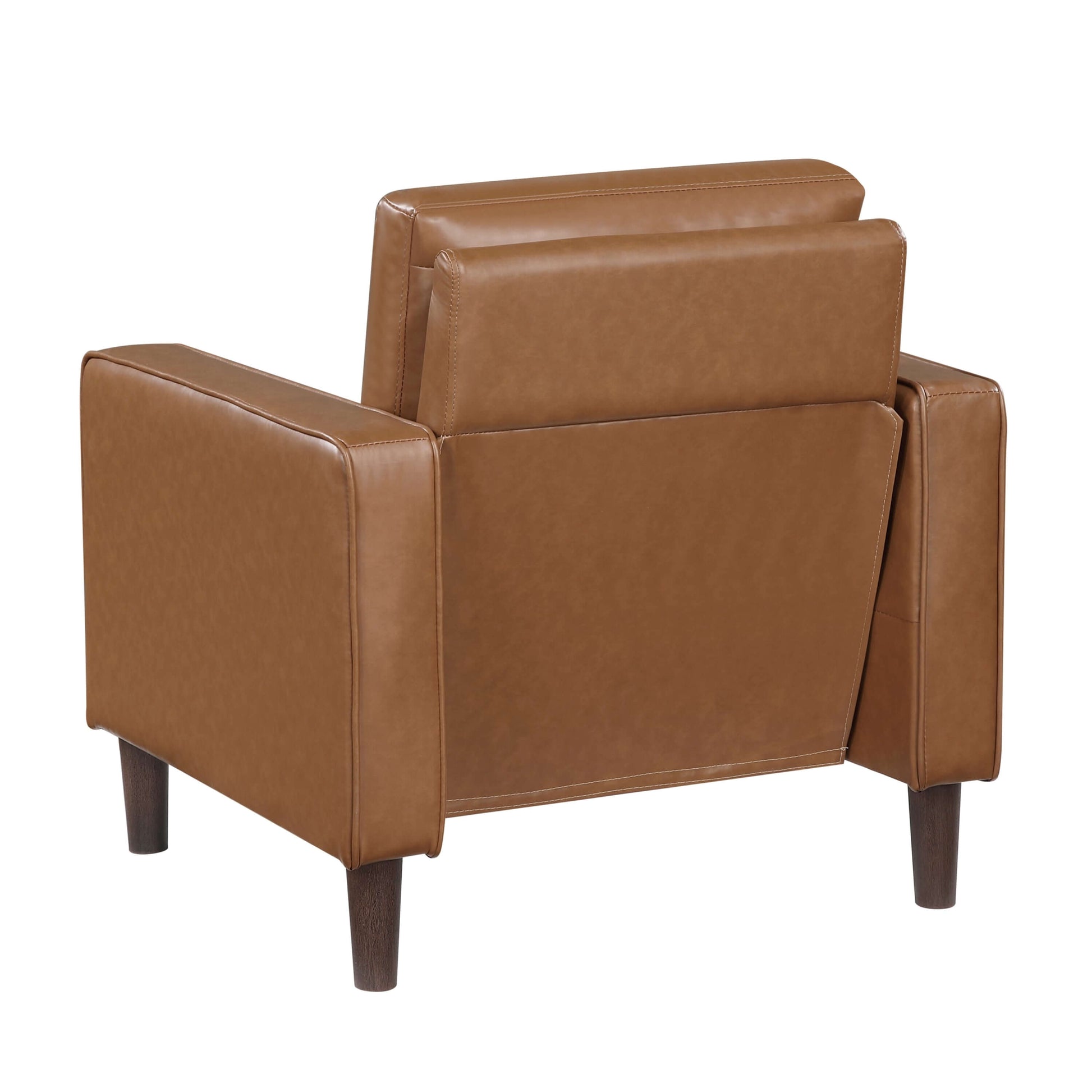 MCM Brown Faux Leather Armchair – Modern Upholstered Accent Chair showcasing back view with clean lines and stylish design.