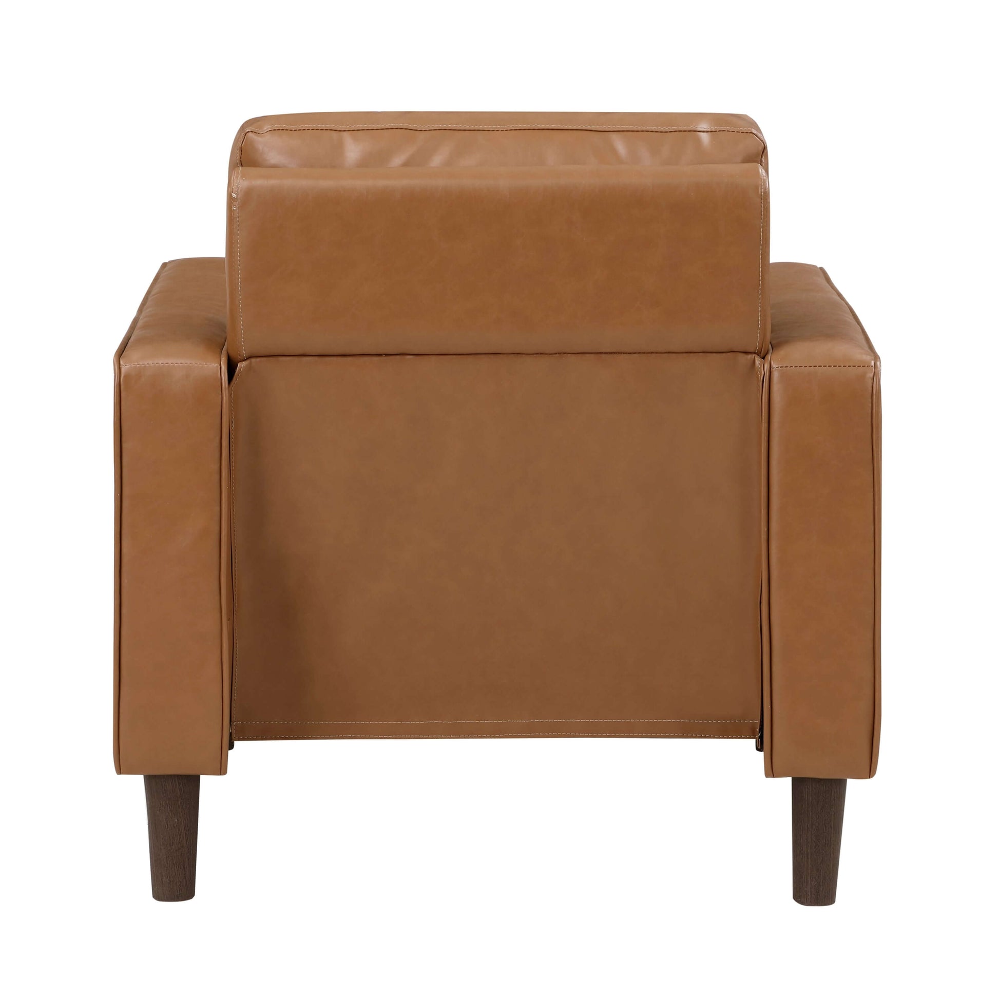 MCM Brown Faux Leather Armchair – Modern Upholstered Accent Chair back view with clean lines and rich faux leather.