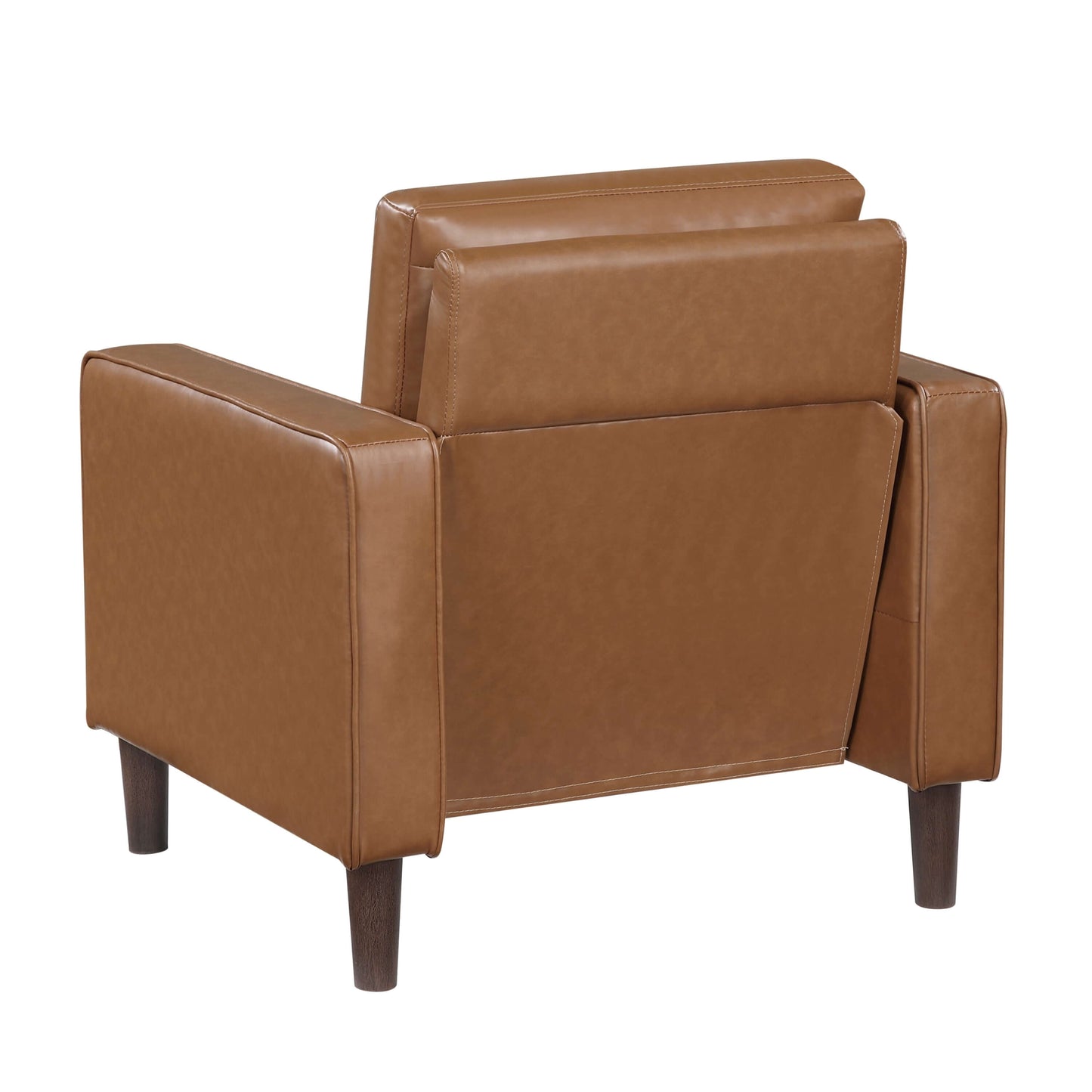 MCM Brown Faux Leather Armchair – Modern Upholstered Accent Chair showcasing back view with clean lines and stylish design.