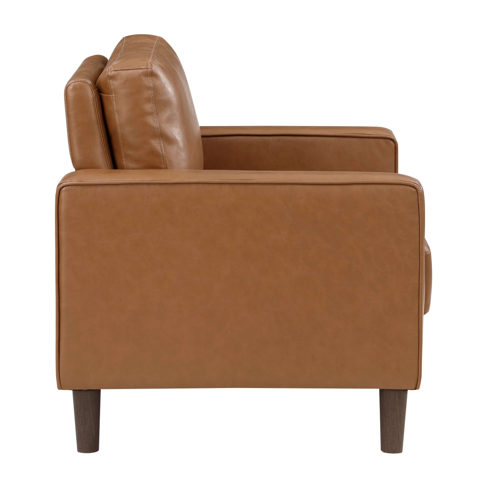 MCM Brown Faux Leather Armchair – Modern Upholstered Accent Chair side view showcasing its clean lines and rich upholstery.