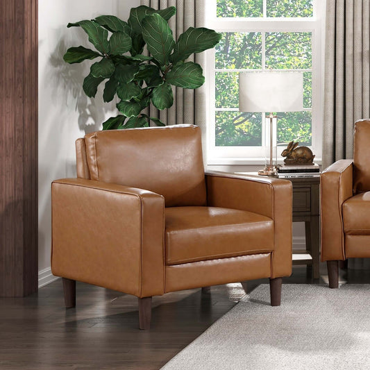 MCM Brown Faux Leather Armchair – Modern Upholstered Accent Chair in a stylish living room setting.