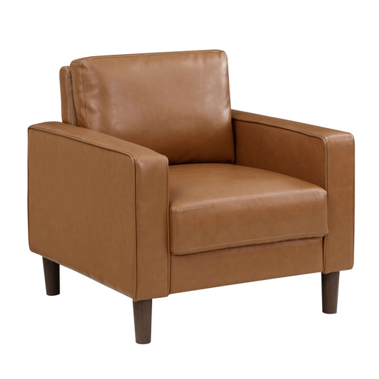 MCM Brown Faux Leather Armchair – Modern Upholstered Accent Chair in rich faux leather with clean-lined silhouette.