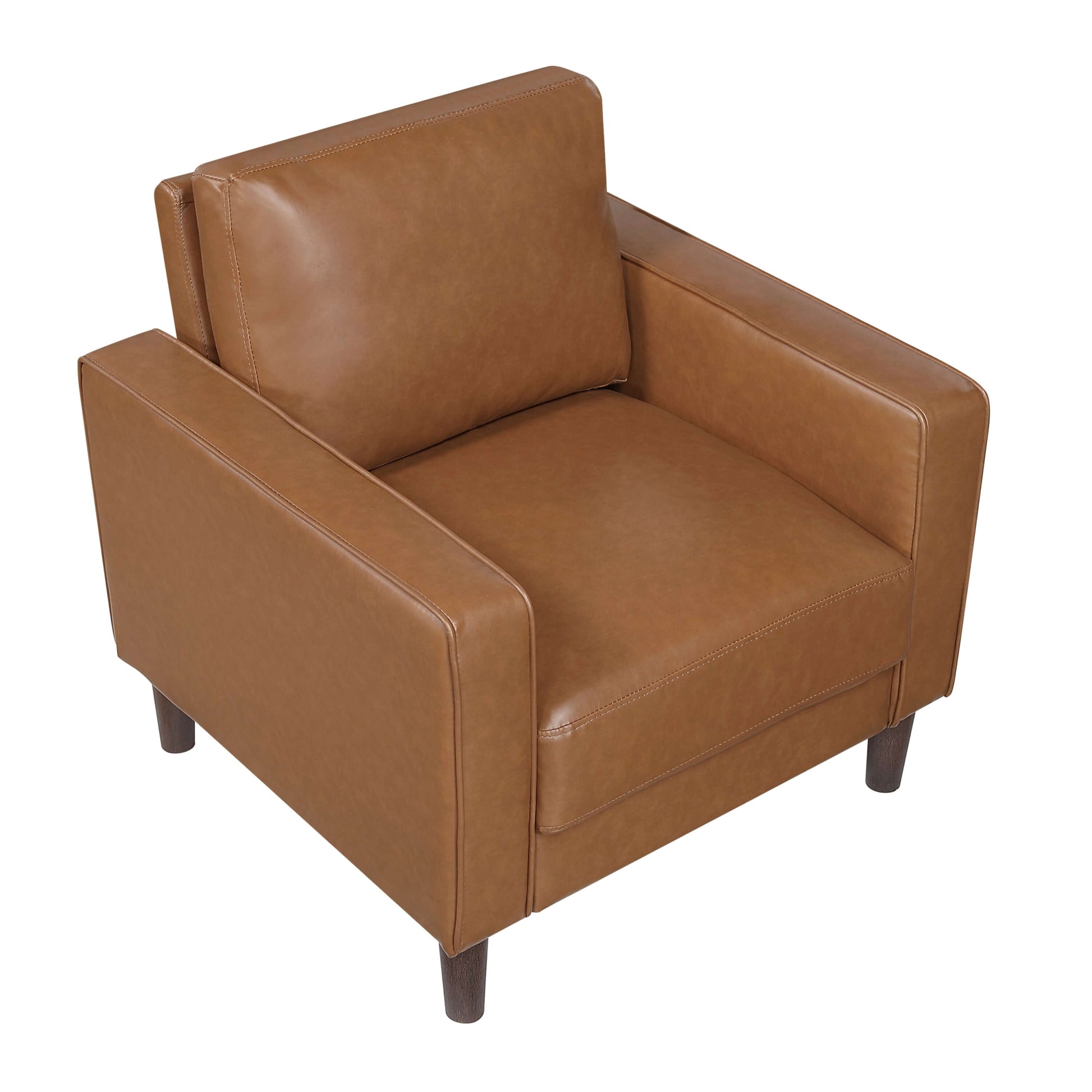 MCM Brown Faux Leather Armchair – Modern Upholstered Accent Chair in clean-lined design and rich hue.