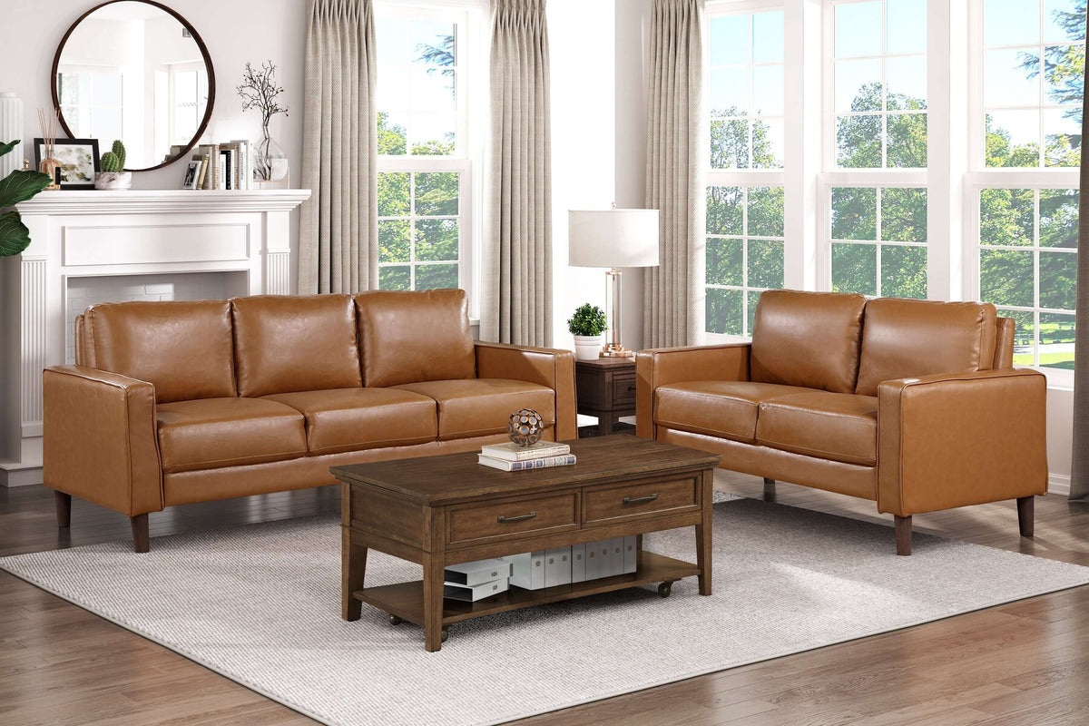 MCM Brown Faux Leather Loveseat 54" – Modern Compact 2-Seat Sofa in a stylish living room setting.