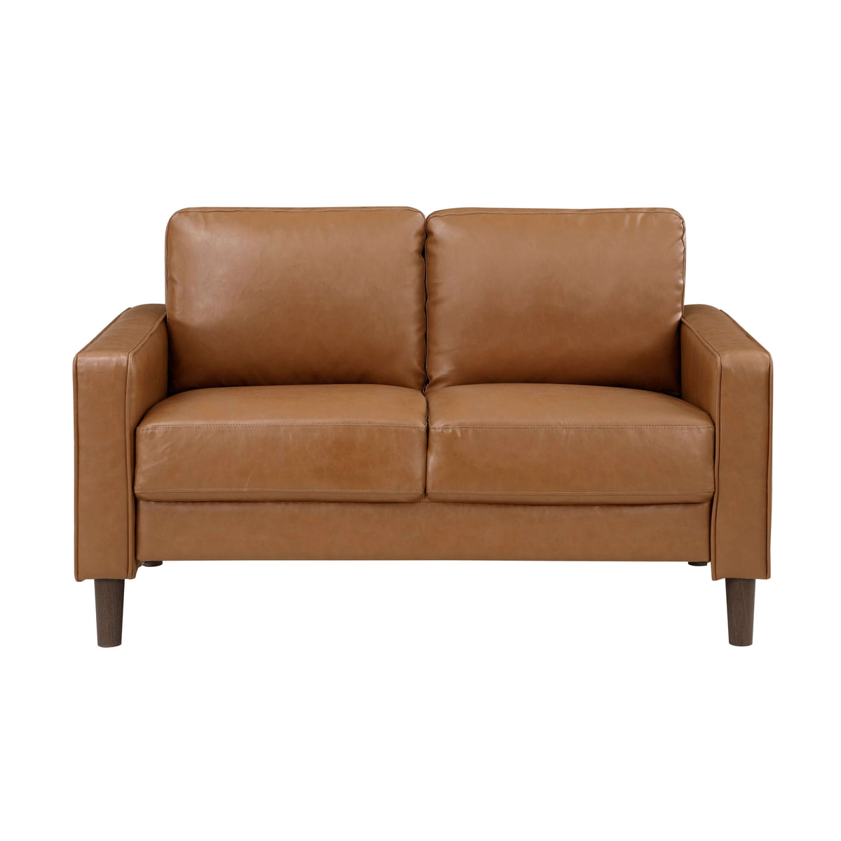 MCM Brown Faux Leather Loveseat 54" – Modern Compact 2-Seat Sofa in rich brown faux leather upholstery.