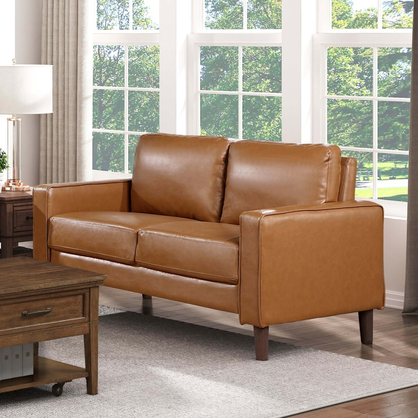 MCM Brown Faux Leather Loveseat 54" – Modern Compact 2-Seat Sofa in a stylish living room setting.
