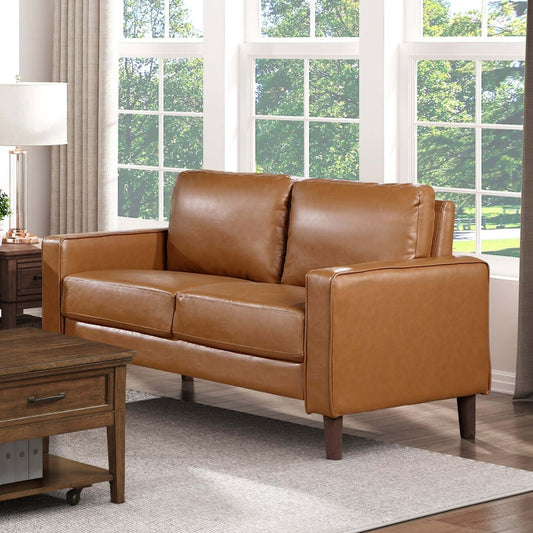 MCM Brown Faux Leather Loveseat 54" – Modern Compact 2-Seat Sofa in a stylish living room setting.