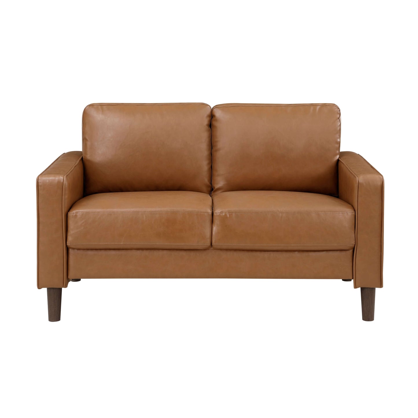 MCM Brown Faux Leather Loveseat 54" – Modern Compact 2-Seat Sofa in rich brown faux leather upholstery.