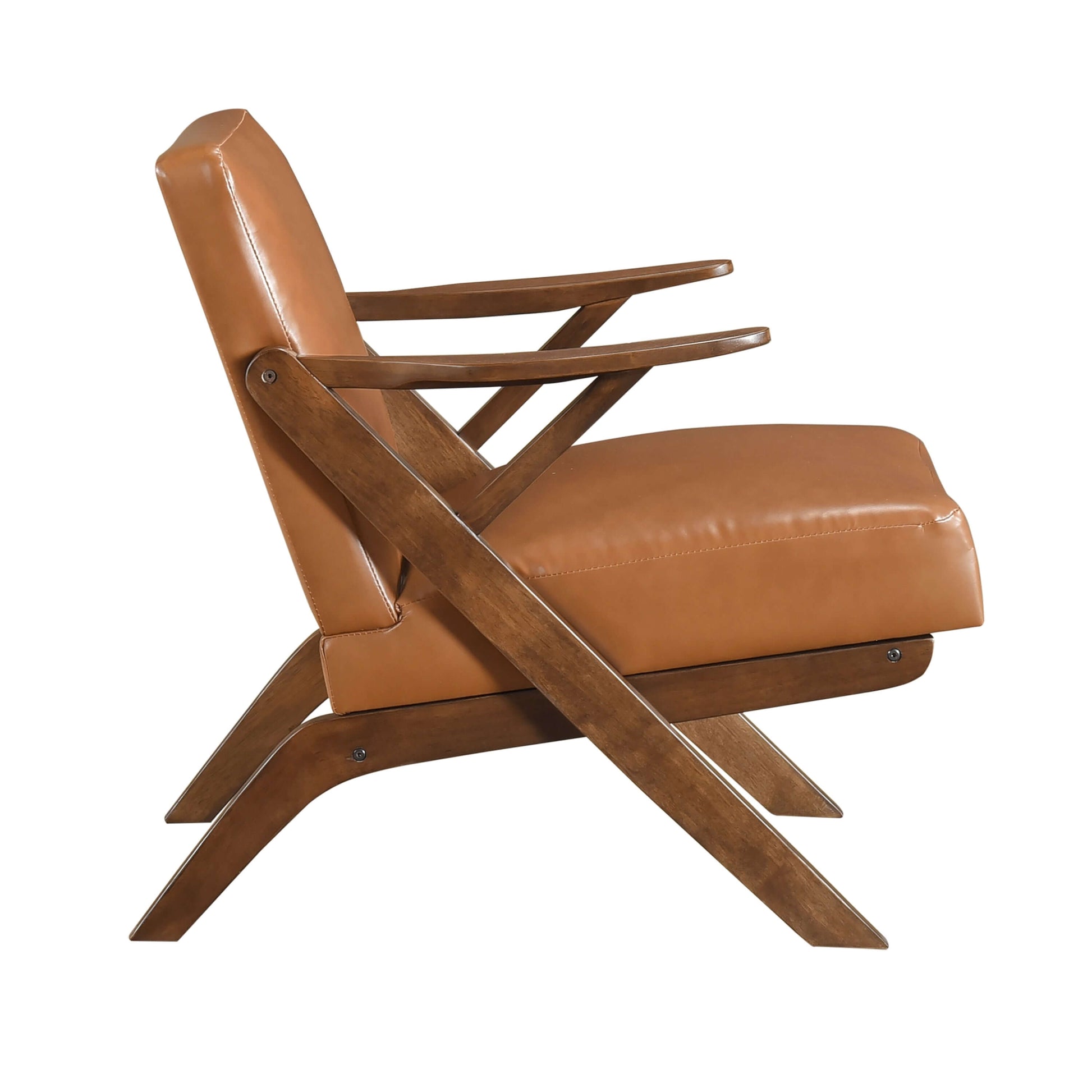 MCM Brown Faux Leather Wood Frame Armchair – Mid-Century Accent Chair (2 Colors) side view with wood frame and leather upholstery.