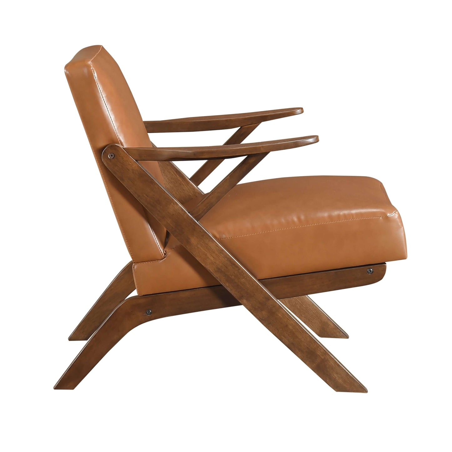 MCM Brown Faux Leather Wood Frame Armchair – Mid-Century Accent Chair (2 Colors) side view with wood frame and leather upholstery.