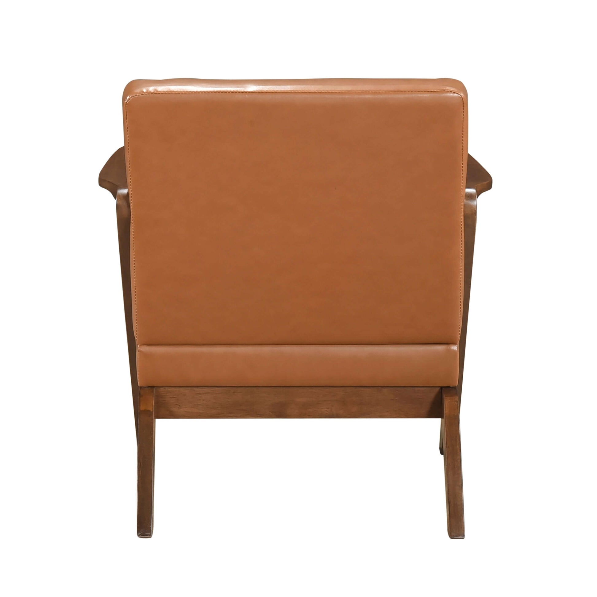 MCM Brown Faux Leather Wood Frame Armchair – Mid-Century Accent Chair (2 Colors) back view showcasing elegant design.