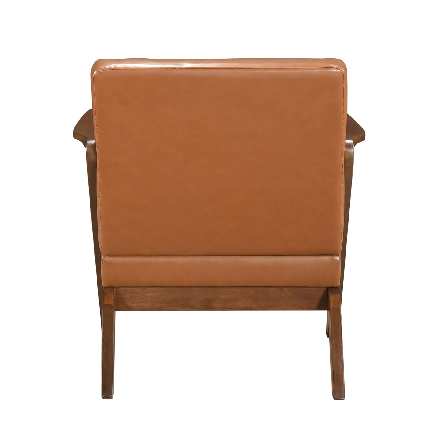 MCM Brown Faux Leather Wood Frame Armchair – Mid-Century Accent Chair (2 Colors) back view showcasing elegant design.