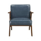 MCM Brown Faux Leather Wood Frame Armchair – Mid-Century Accent Chair (2 Colors) in blue faux leather with wood frame.