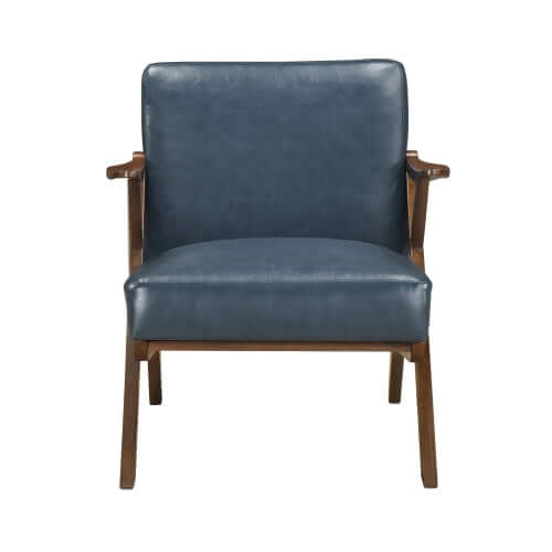 MCM Brown Faux Leather Wood Frame Armchair – Mid-Century Accent Chair (2 Colors) in blue faux leather with wood frame.
