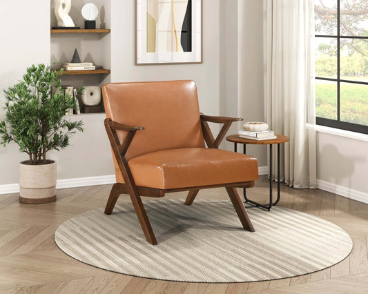 MCM Brown Faux Leather Wood Frame Armchair – Mid-Century Accent Chair (2 Colors) in a cozy living room setting.