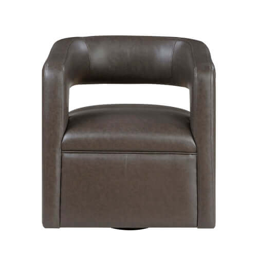 MCM Faux Leather Swivel Chair – Modern Barrel Accent Chair (2 Colors) in stylish camel-tone faux leather.