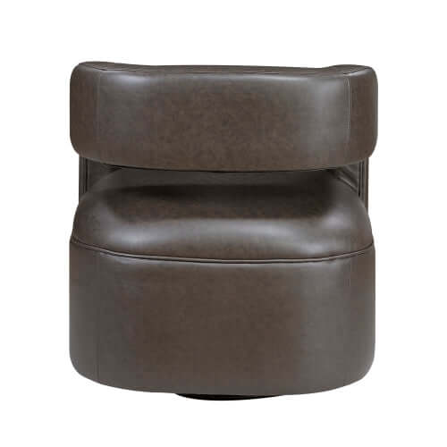 MCM Faux Leather Swivel Chair – Modern Barrel Accent Chair (2 Colors) in a dark brown finish, featuring a curved barrel design.