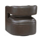 MCM Faux Leather Swivel Chair – Modern Barrel Accent Chair (2 Colors) in dark faux leather with a curved silhouette.