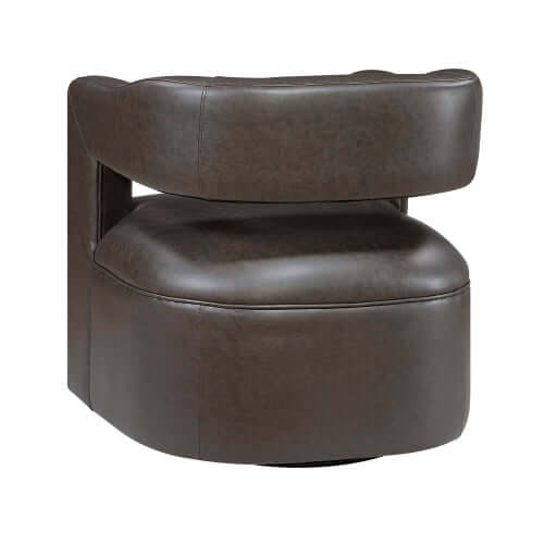 MCM Faux Leather Swivel Chair – Modern Barrel Accent Chair (2 Colors) in dark faux leather with a curved silhouette.