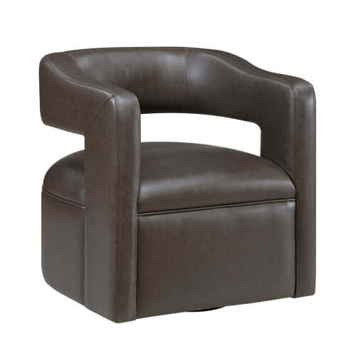 MCM Faux Leather Swivel Chair – Modern Barrel Accent Chair (2 Colors) in brown faux leather with curved design.