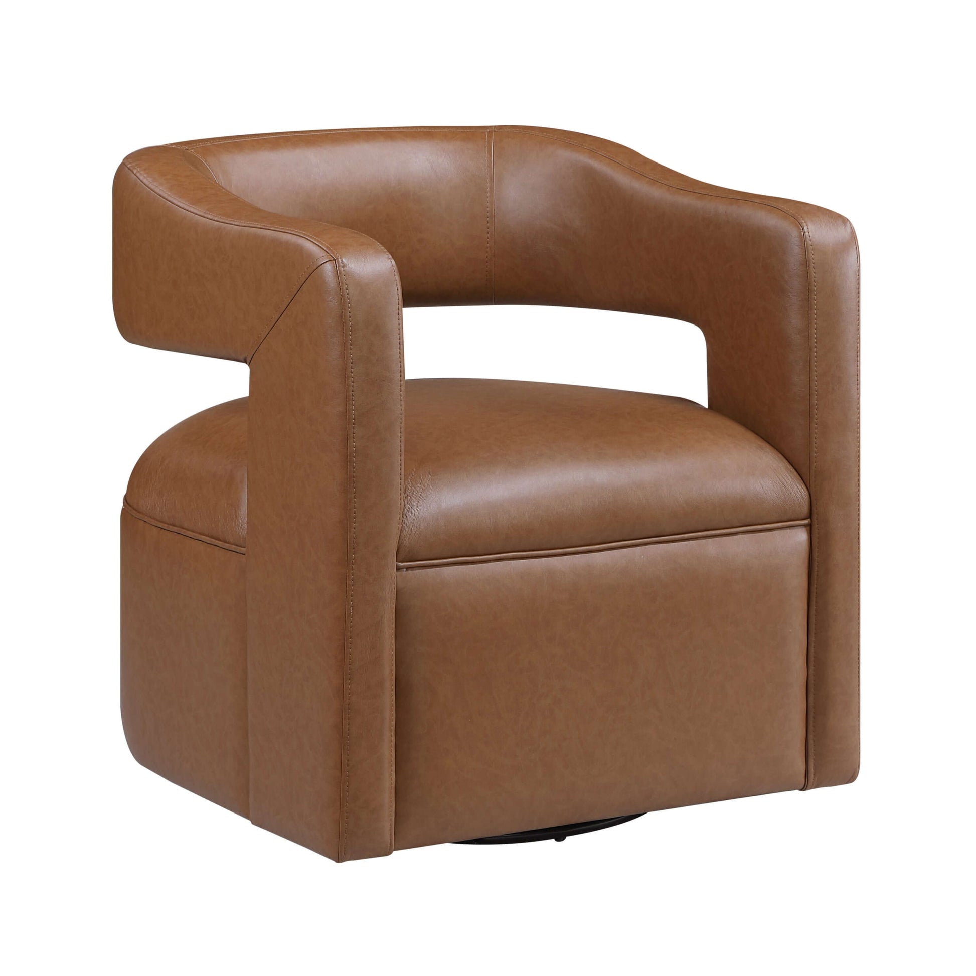 MCM Faux Leather Swivel Chair – Modern Barrel Accent Chair (2 Colors) in camel-tone faux leather design.