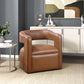 MCM Faux Leather Swivel Chair – Modern Barrel Accent Chair (2 Colors) in camel-tone faux leather and sculptural design.