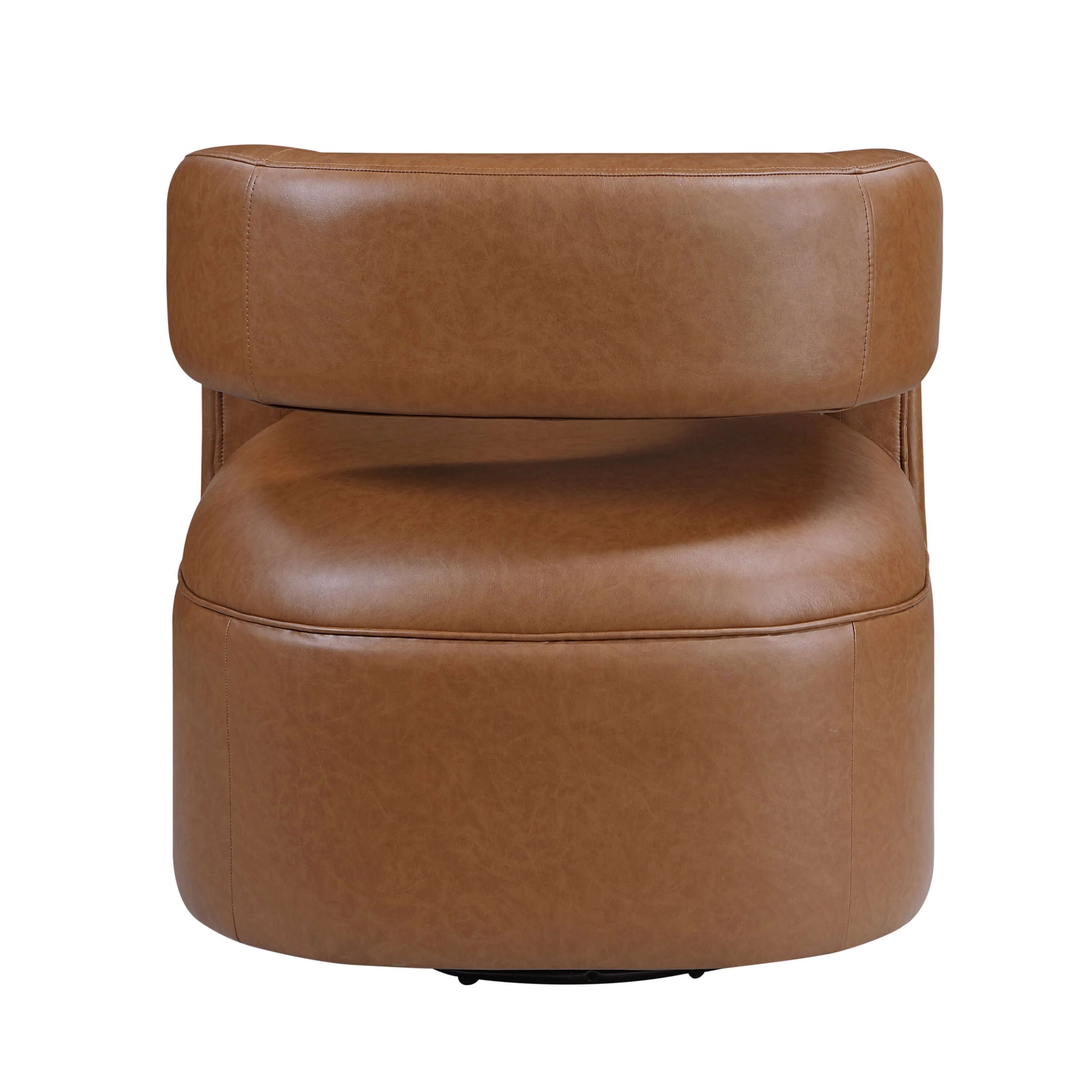 MCM Faux Leather Swivel Chair – Modern Barrel Accent Chair (2 Colors) in camel-tone faux leather.