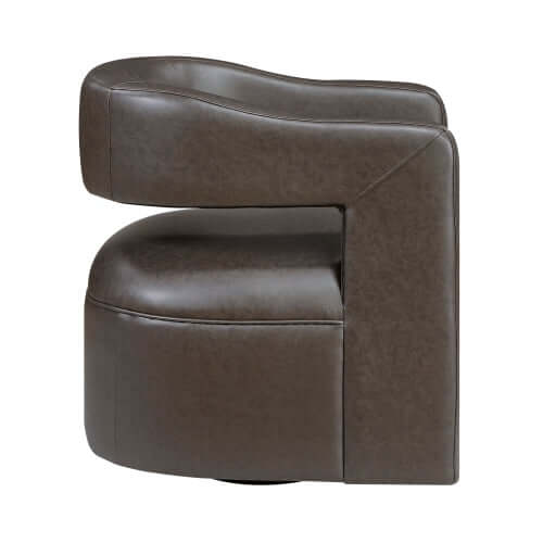 MCM Faux Leather Swivel Chair – Modern Barrel Accent Chair (2 Colors) in a stylish brown faux leather finish.